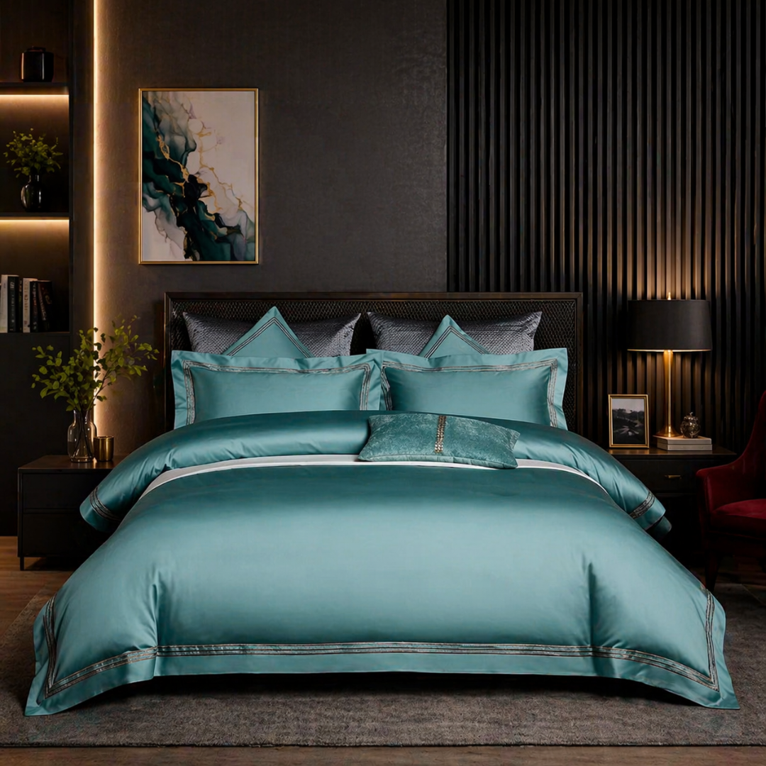 Teal bedding set on a bed in a stylish bedroom with decor elements.