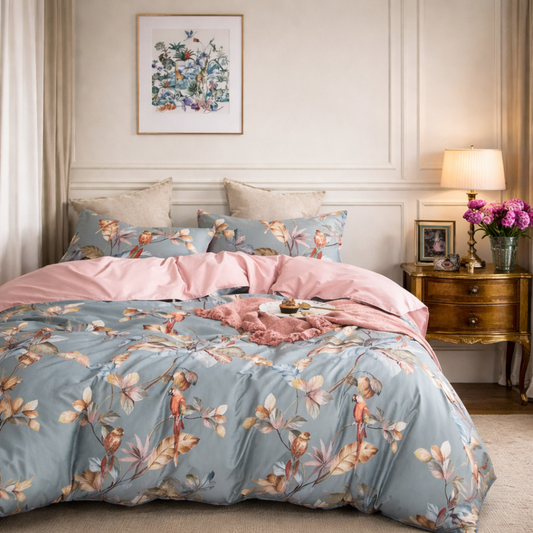 Floral bedding set on a bed in a bedroom with a lamp and decor.