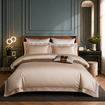 Beige bedding set on a bed in a stylish bedroom with green walls and decorative elements.