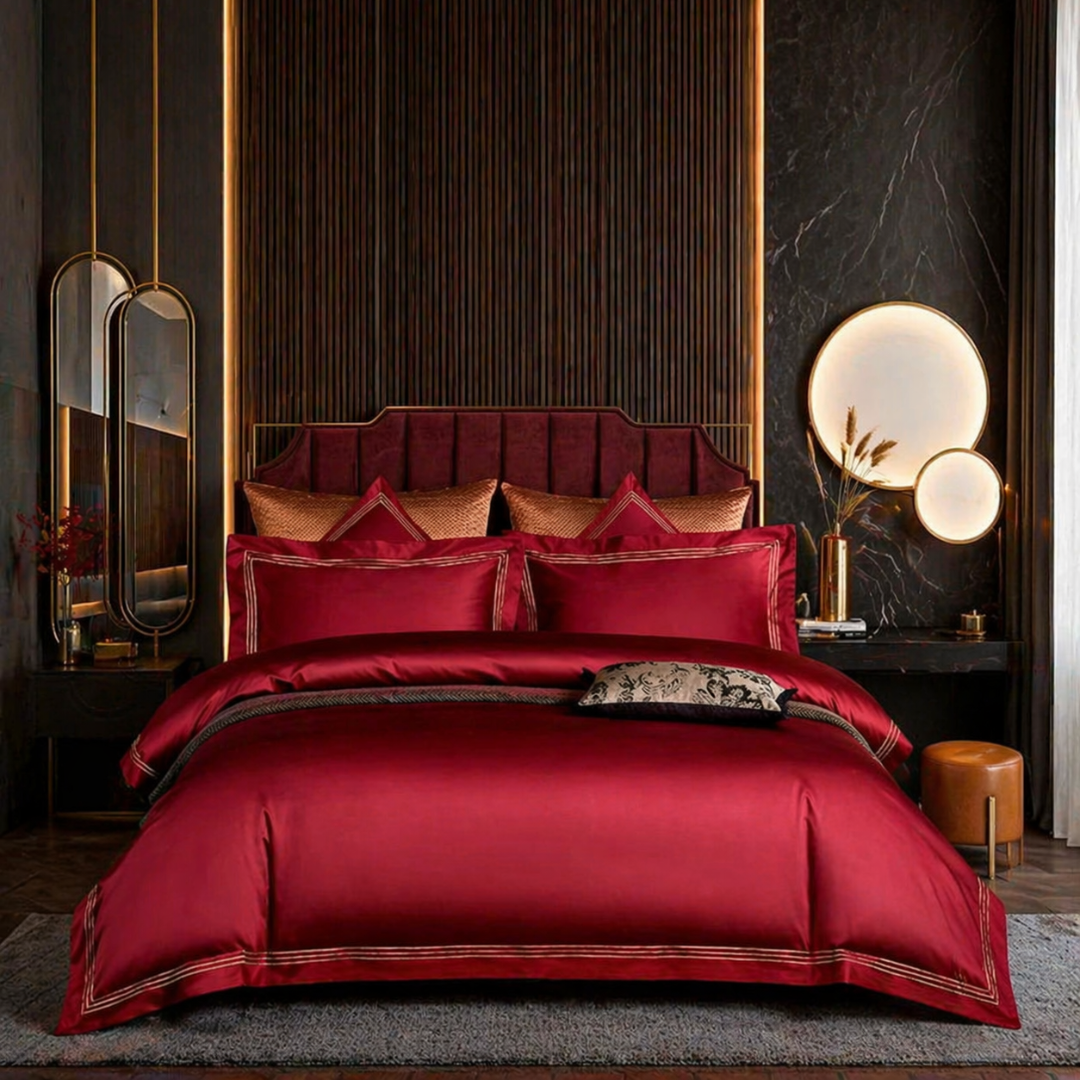 Red bedspread on a bed in a stylish bedroom with dark walls and decorative mirrors.