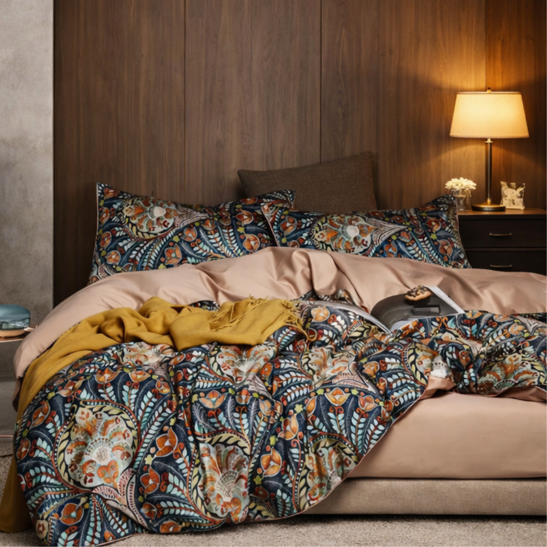 Bed with floral bedding and pillows in a bedroom setting.