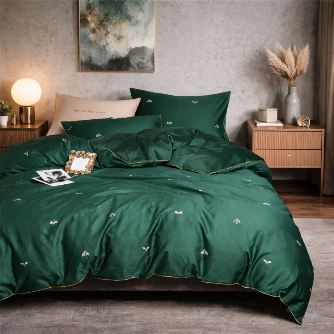 Green bedspread with subtle patterns on a bed in a bedroom setting.