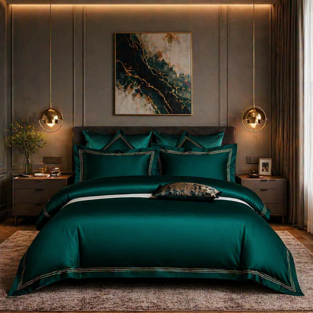 Luxurious bedroom with teal bedding, gold pendant lights, and a painting on the wall.