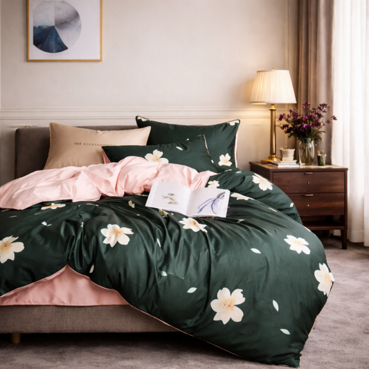Bedroom with green floral bedding and a lamp on a nightstand.
