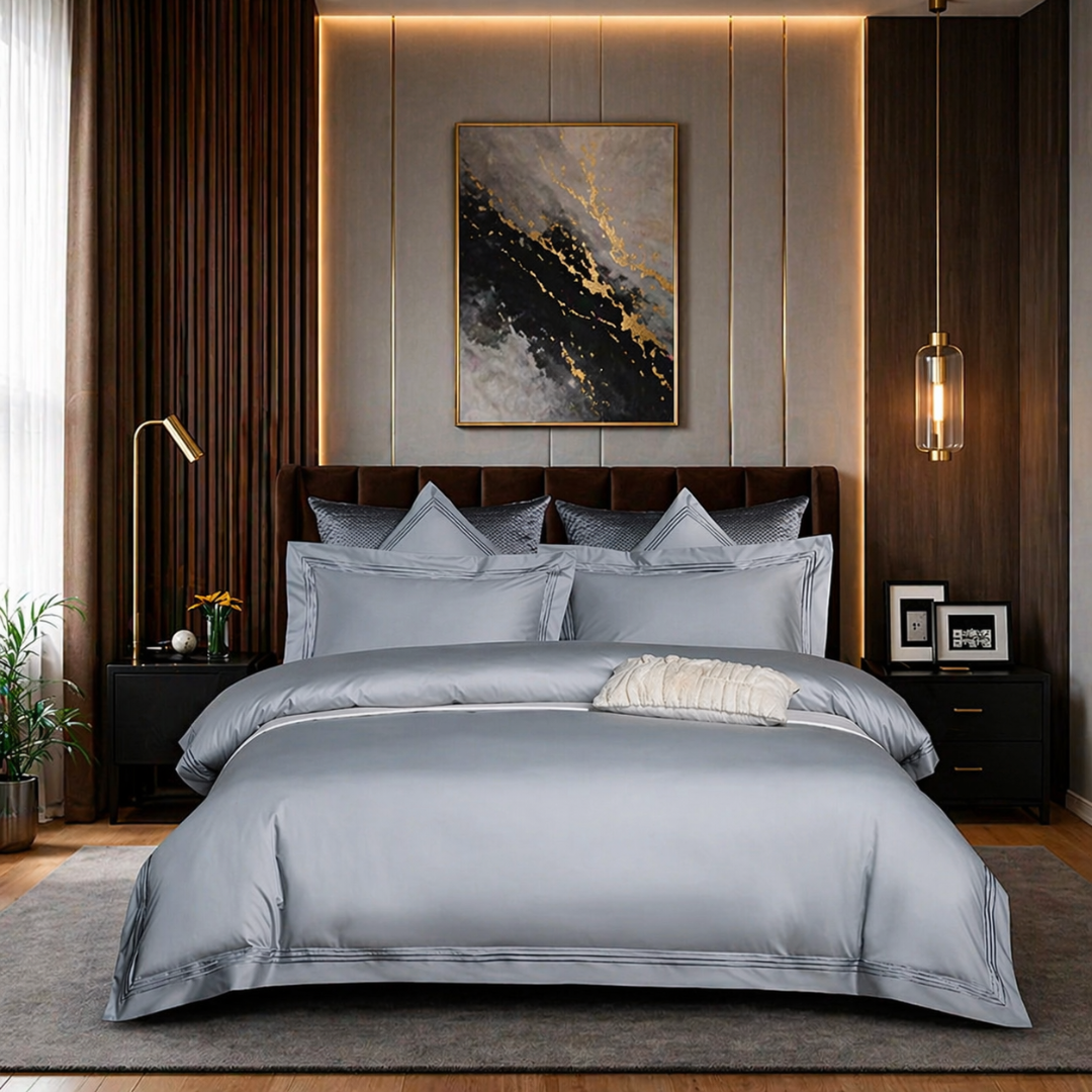 Neatly made bed with gray bedding in a modern bedroom setting.