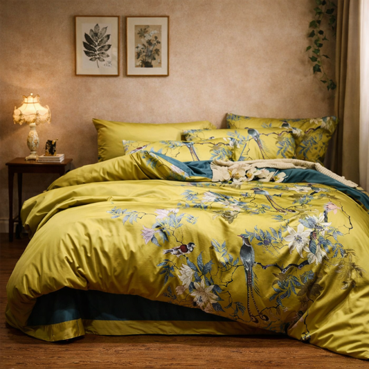 Yellow floral and bird patterned bedding set on a bed in a room with framed artwork on the wall.