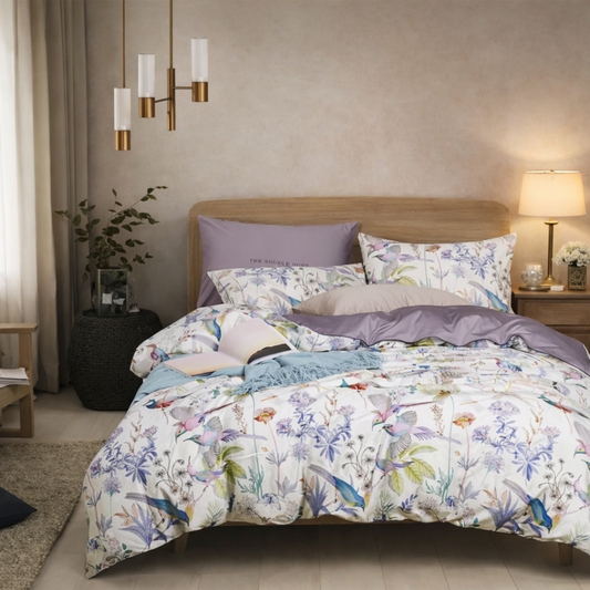 Bedroom with floral bedding and purple pillows