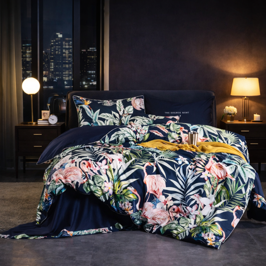 Floral and bird patterned bedding set on a bed in a bedroom with cityscape view.