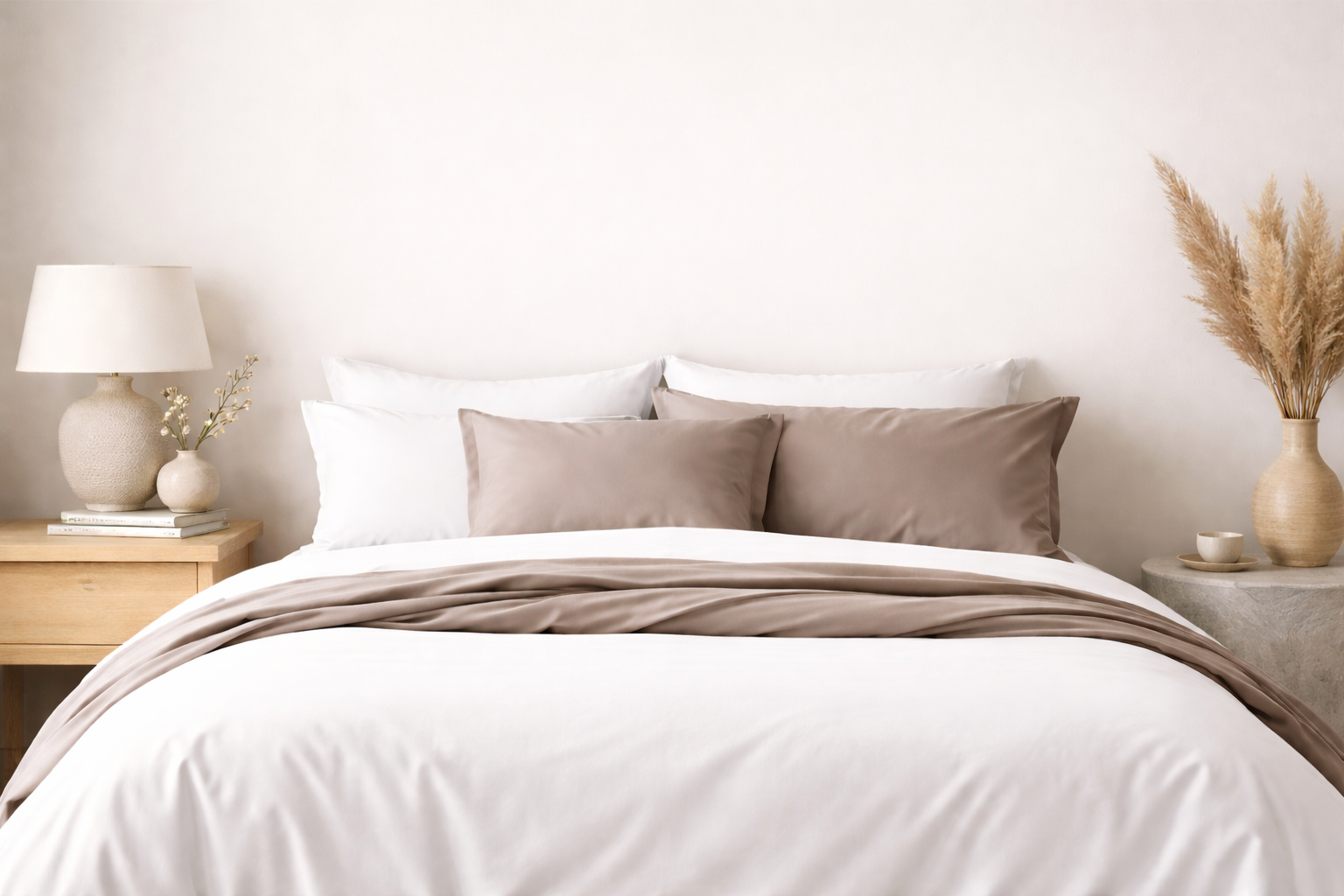 Neatly made bed with beige and white bedding in a bedroom setting.