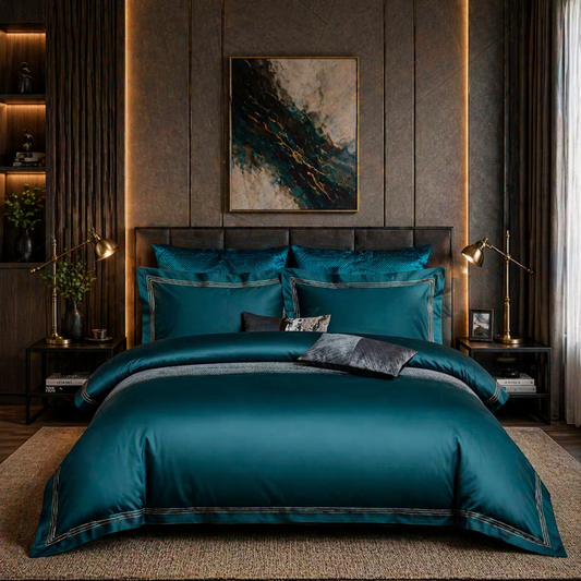 Teal bedding set on a bed in a stylish bedroom with abstract art and decor.