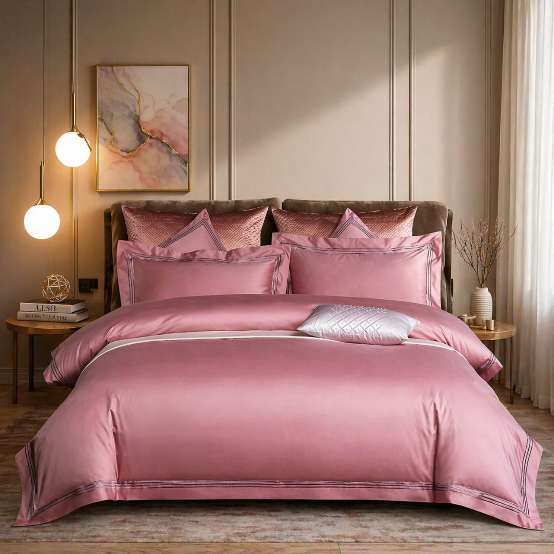 Bedroom with floral bedding and purple pillows