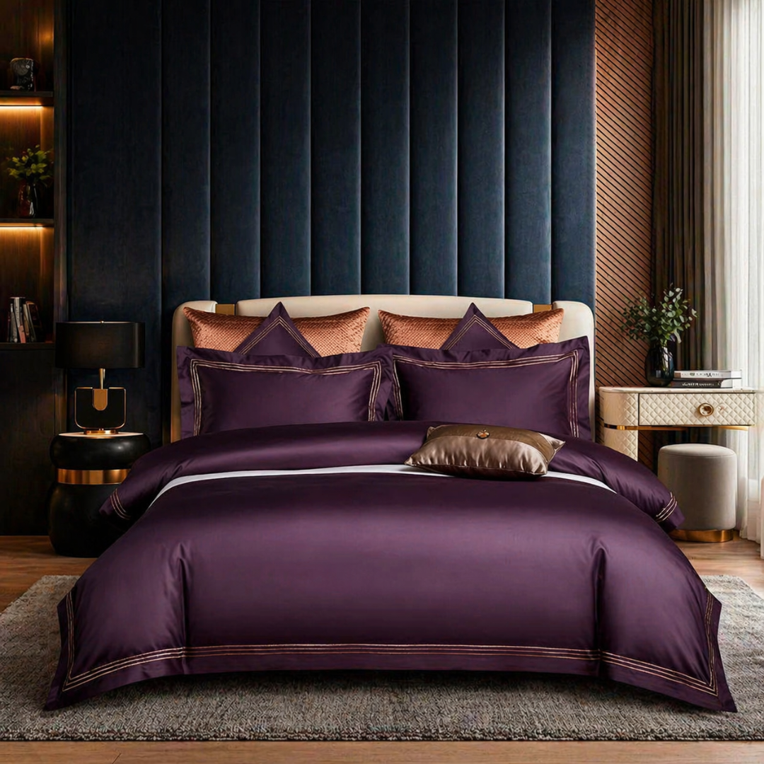 Purple bedding set on a bed in a stylish bedroom with dark walls and wooden floors.