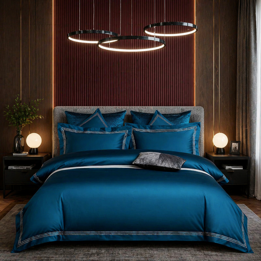 Modern bedroom with a bed covered in blue bedding, nightstands with lamps, and a wooden wall.