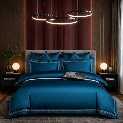 Modern bedroom with a bed covered in blue bedding, nightstands with lamps, and a wooden wall.