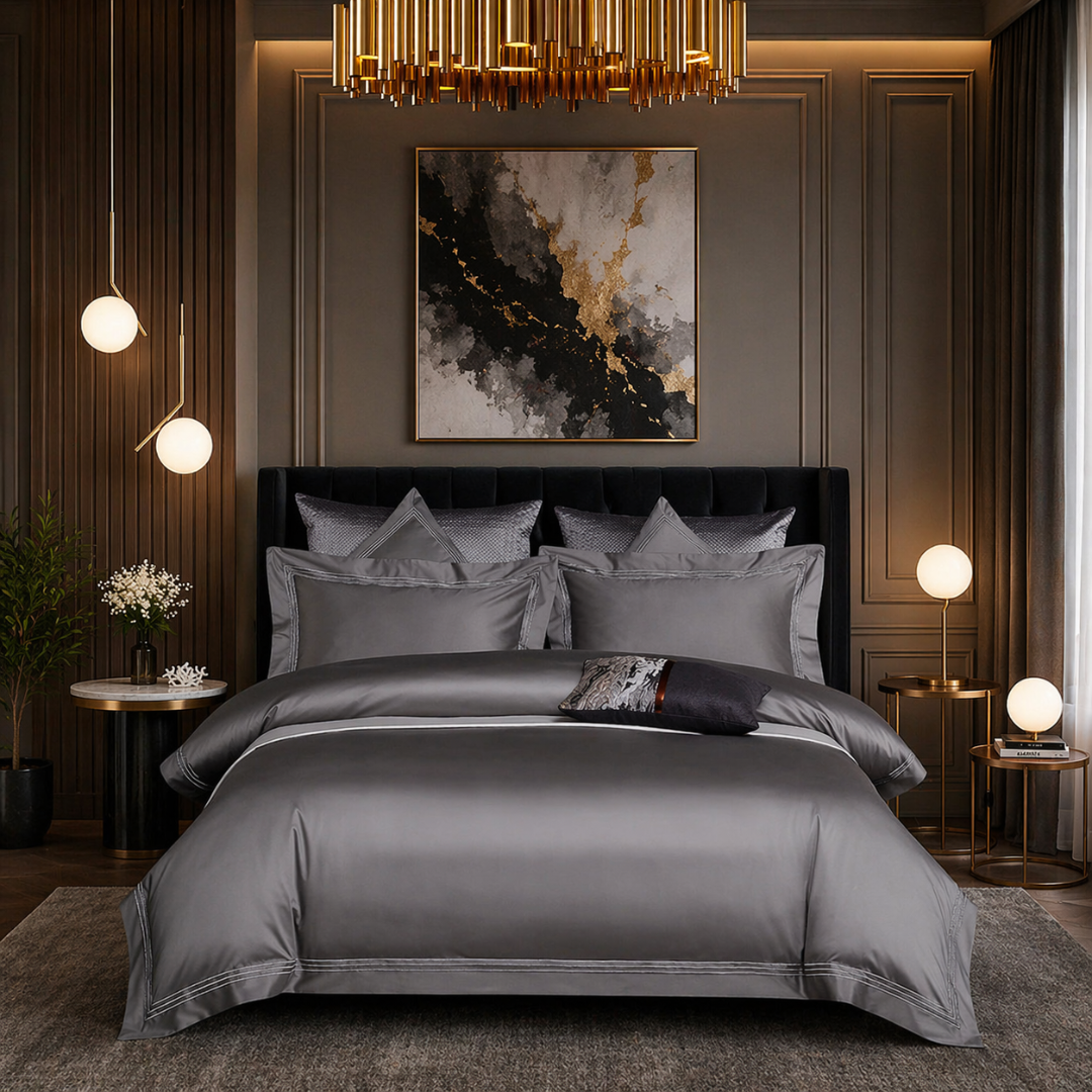 Modern bedroom with gray bedding, decorative pillows, and a stylish chandelier.