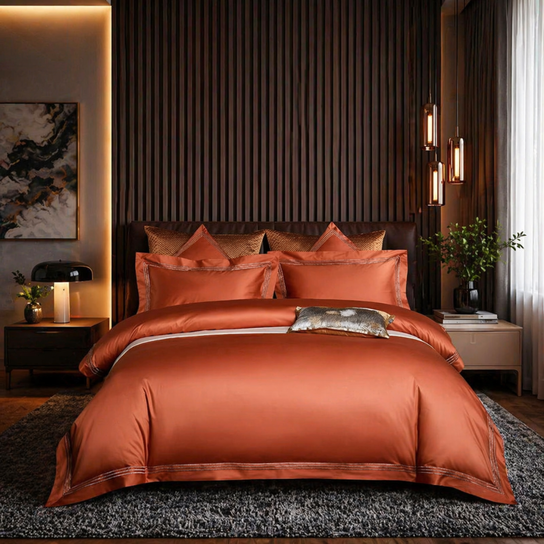 Orange satin bedding set on a bed in a stylish bedroom with striped walls and decorative lighting.